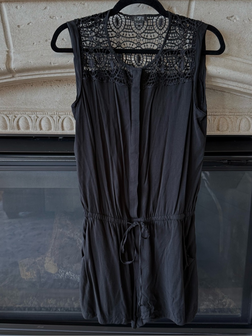 LOFT Black Sleeveless Romper with Lace Yoke